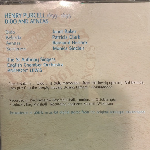 PURCELL: DIDO and AENEAS CD Opera - Picture 4 of 5